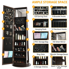 Brown 14.5'' Wide Jewelry Armoire with Mirror Rotate 360 Degrees and Has 3 Shelves