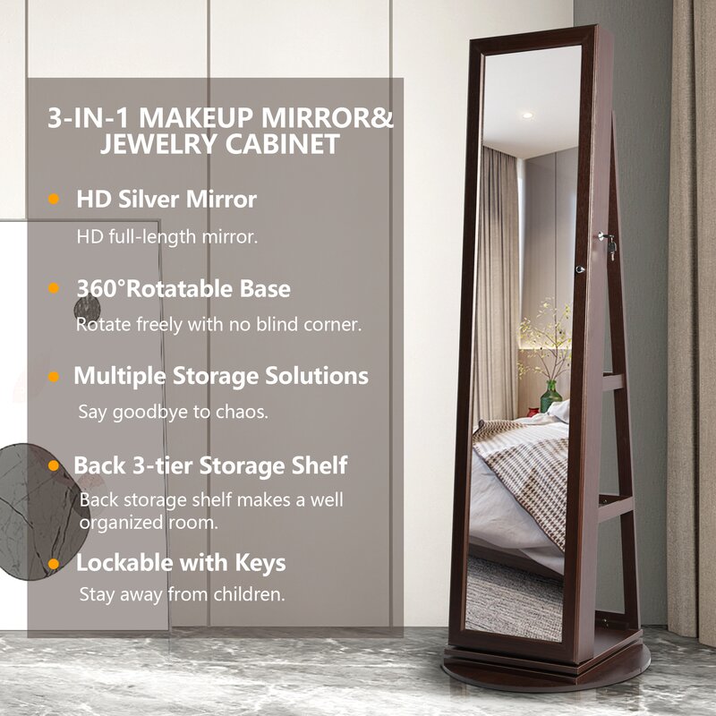 Brown 14.5'' Wide Jewelry Armoire with Mirror Rotate 360 Degrees and Has 3 Shelves