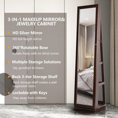 Brown 14.5'' Wide Jewelry Armoire with Mirror Rotate 360 Degrees and Has 3 Shelves