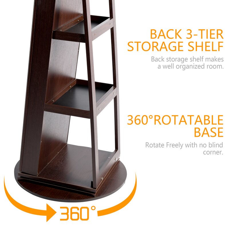 Brown 14.5'' Wide Jewelry Armoire with Mirror Rotate 360 Degrees and Has 3 Shelves