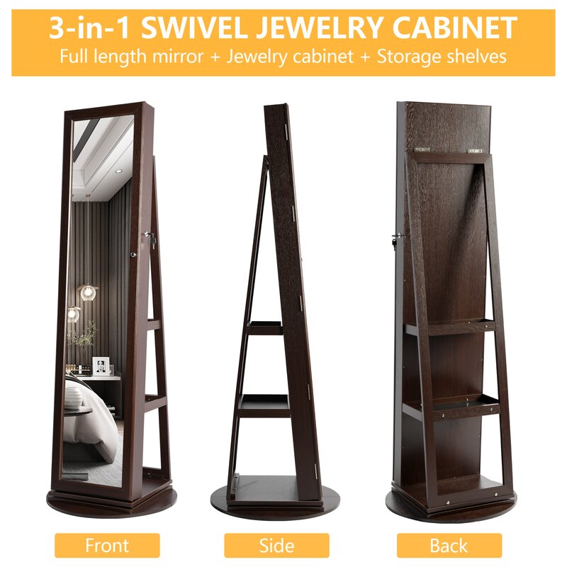 Brown 14.5'' Wide Jewelry Armoire with Mirror Rotate 360 Degrees and Has 3 Shelves