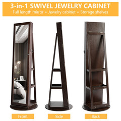 Brown 14.5'' Wide Jewelry Armoire with Mirror Rotate 360 Degrees and Has 3 Shelves