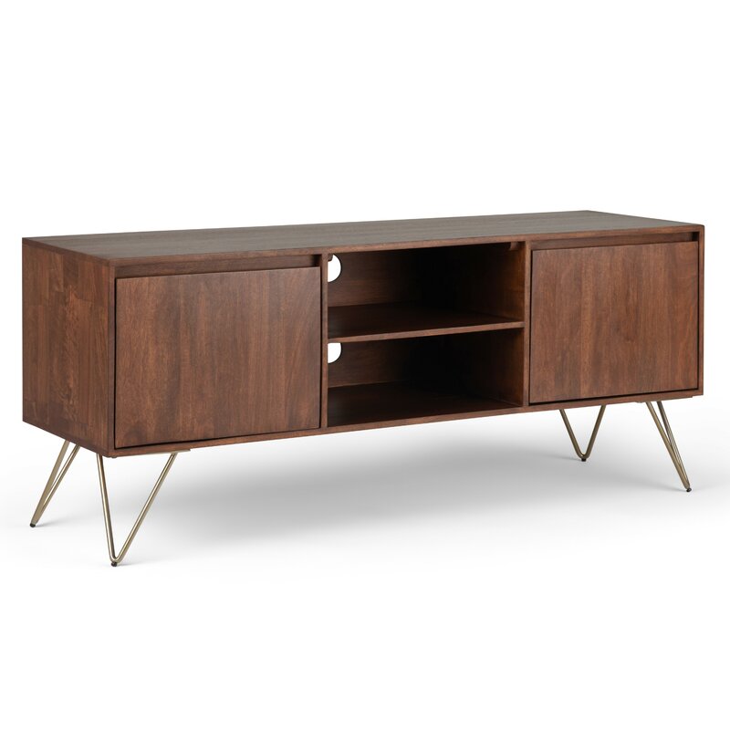 Umber Brown Stain Solid Wood TV Stand for TVs up to 65" Open Shelving and Hidden Storage Compartments Make it Easy To Stay Organized and Wire-Free
