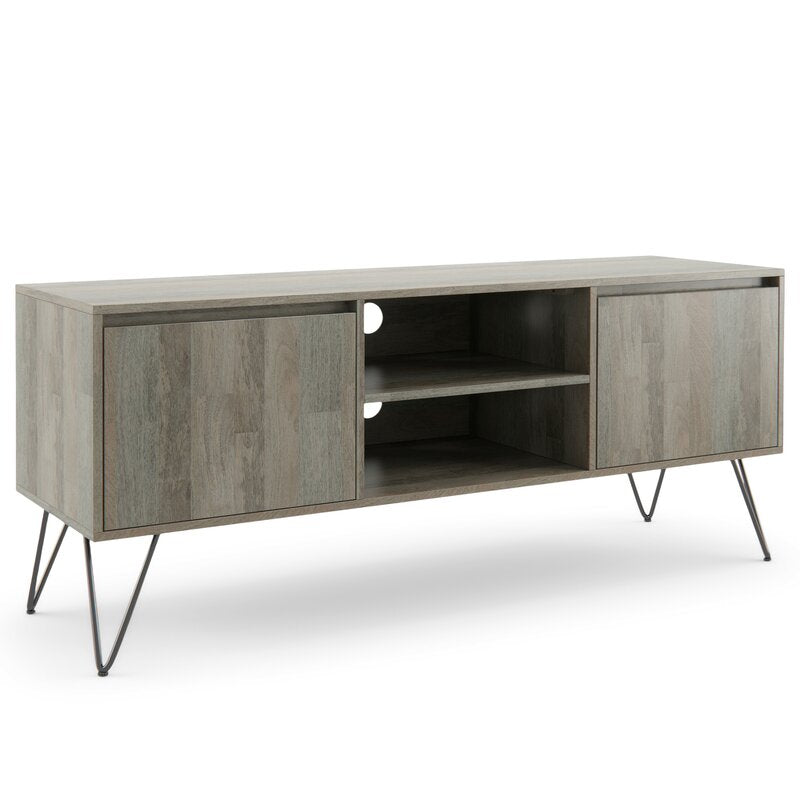 Gray Solid Wood TV Stand for TVs up to 65" The Open Shelving and Hidden Storage Compartments Make it Easy To Stay Organized and Wire-Free