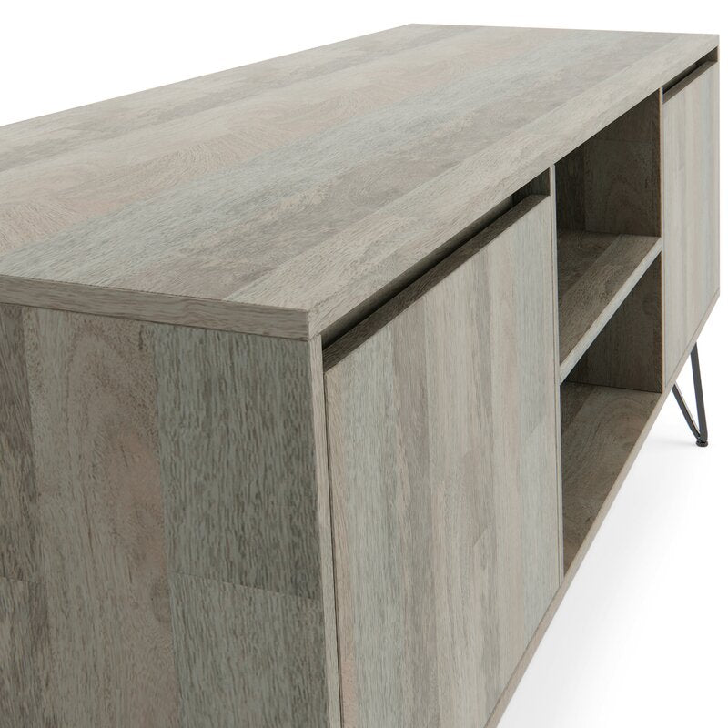 Gray Solid Wood TV Stand for TVs up to 65" The Open Shelving and Hidden Storage Compartments Make it Easy To Stay Organized and Wire-Free
