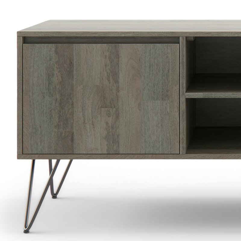 Gray Solid Wood TV Stand for TVs up to 65" The Open Shelving and Hidden Storage Compartments Make it Easy To Stay Organized and Wire-Free