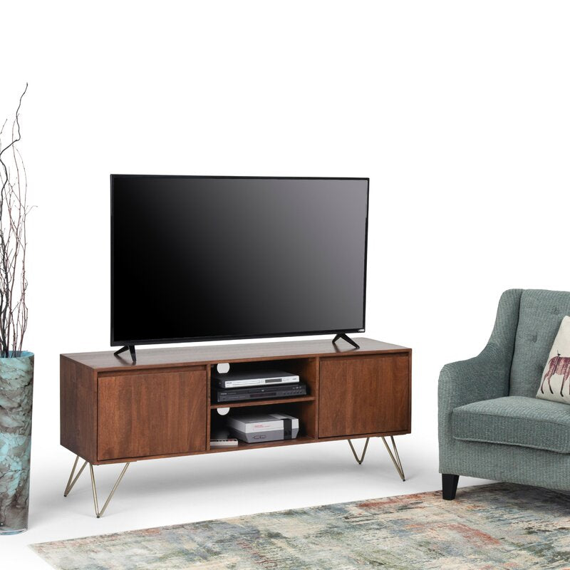 Umber Brown Stain Solid Wood TV Stand for TVs up to 65" The Open Shelving and Hidden Storage Compartments Make it Easy to Stay Organized and Wire-Free
