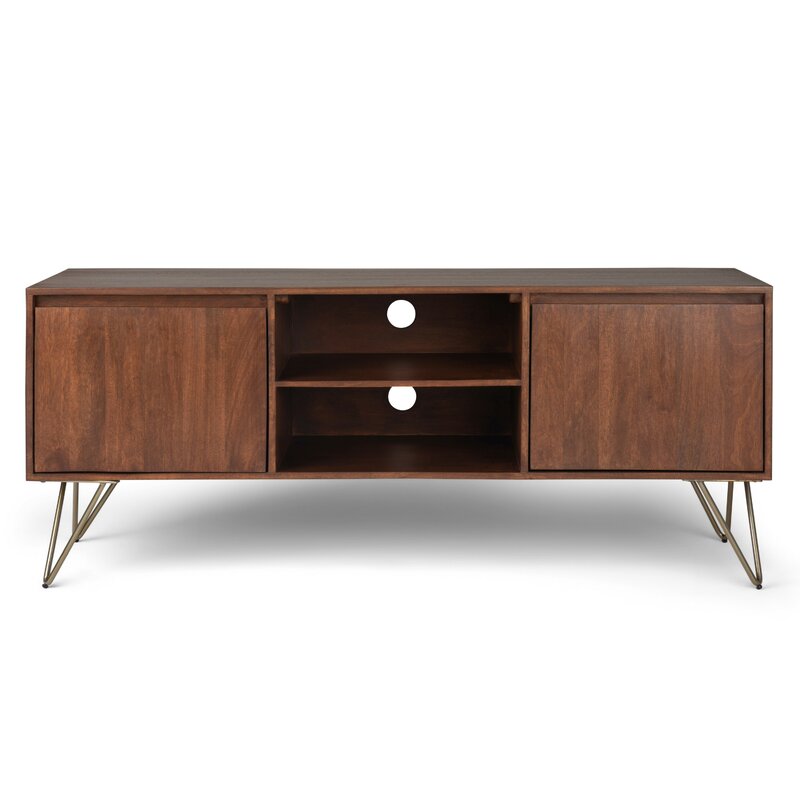 Umber Brown Stain Solid Wood TV Stand for TVs up to 65" Open Shelving and Hidden Storage Compartments Make it Easy To Stay Organized and Wire-Free