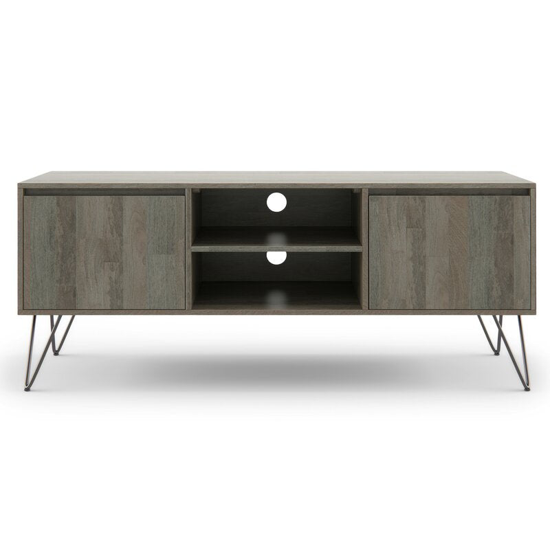 Gray Solid Wood TV Stand for TVs up to 65" The Open Shelving and Hidden Storage Compartments Make it Easy To Stay Organized and Wire-Free