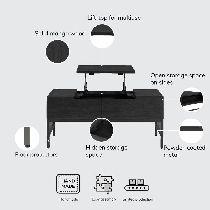 Black Clearfield Lift Top 4 Legs Coffee Table with Storage