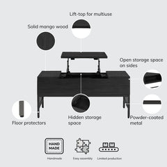 Black Clearfield Lift Top 4 Legs Coffee Table with Storage