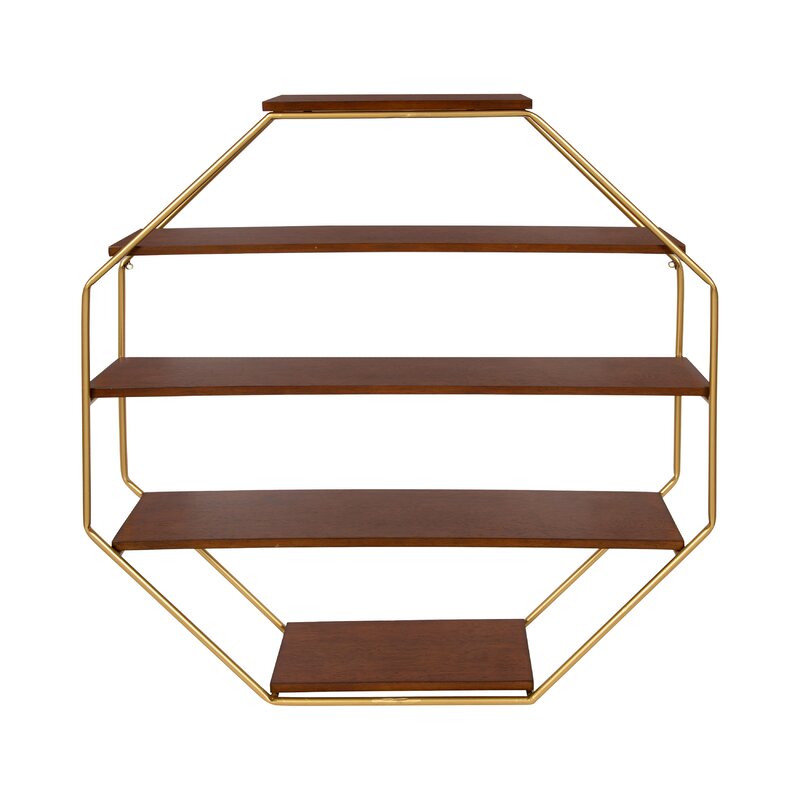 Walnut Brown/Gold Colten 5 Piece Hexagon Wall Shelf Octagonal Shape
