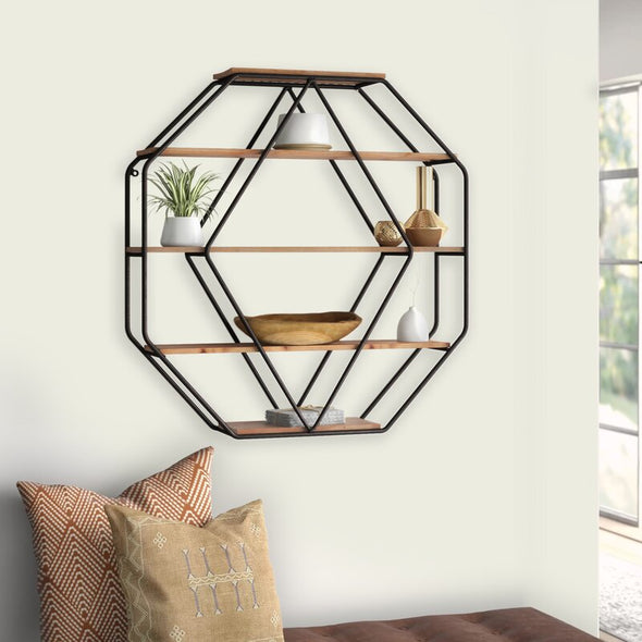 5 Piece Hexagon Wall Shelfoctagonal Shape with A Central Metal Diamond Accent. Five Shelves Give it Storage Space