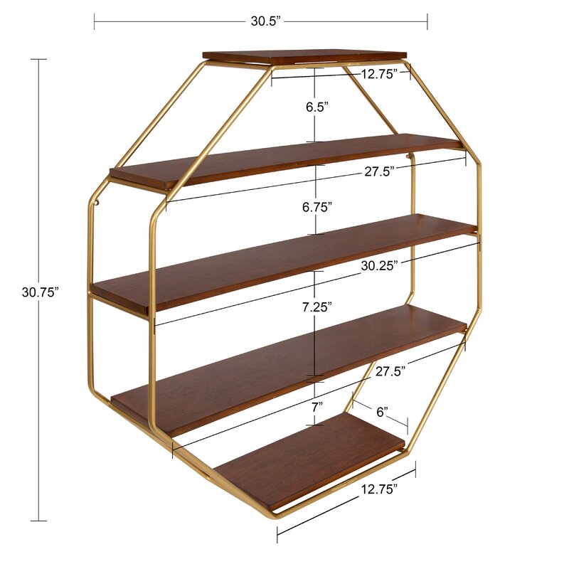 Walnut Brown/Gold Colten 5 Piece Hexagon Wall Shelf Octagonal Shape