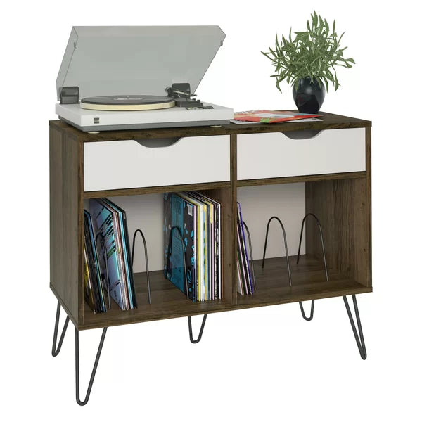 Brown Oak/Gray Concord Audio Rack Turntable Stand with Drawers Large Open Cubbies Perfect for Space Saving