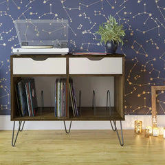 Brown Oak/Gray Concord Audio Rack Turntable Stand with Drawers Large Open Cubbies Perfect for Space Saving