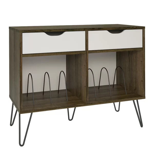 Brown Oak/Gray Concord Audio Rack Turntable Stand with Drawers Large Open Cubbies Perfect for Space Saving