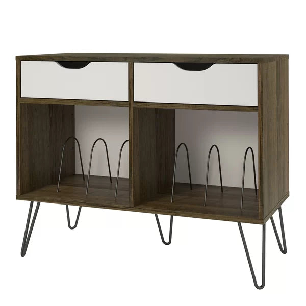 Brown Oak/Gray Concord Audio Rack Turntable Stand with Drawers Large Open Cubbies Perfect for Space Saving