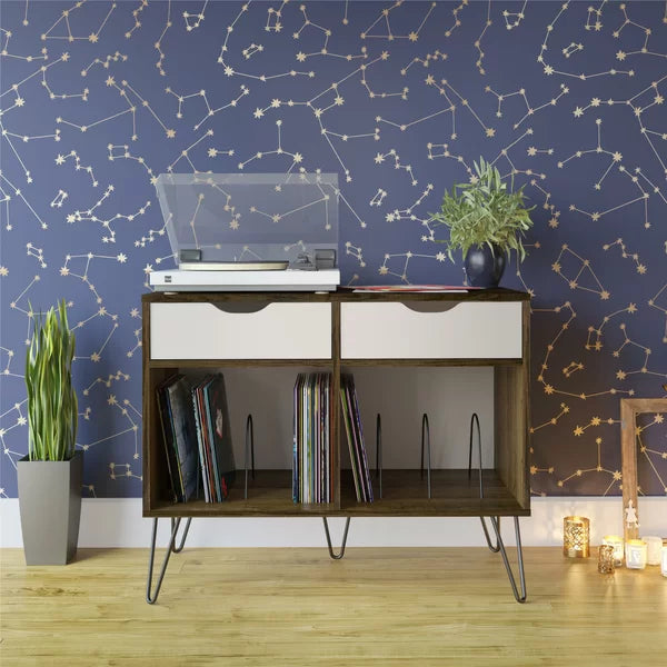 Brown Oak/Gray Concord Audio Rack Turntable Stand with Drawers Large Open Cubbies Perfect for Space Saving