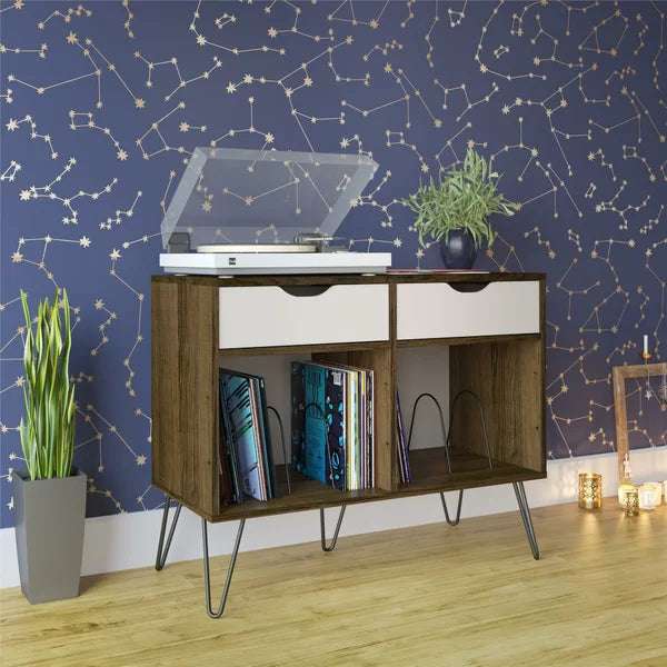 Brown Oak/Gray Concord Audio Rack Turntable Stand with Drawers Large Open Cubbies Perfect for Space Saving