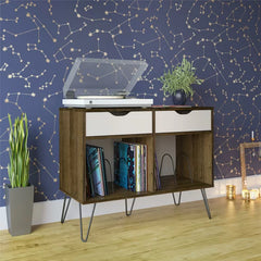 Brown Oak/Gray Concord Audio Rack Turntable Stand with Drawers Large Open Cubbies Perfect for Space Saving