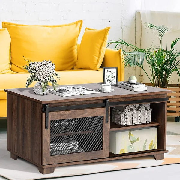 Rustic Brown Cordarian 4 Legs Coffee Table with Storage Sliding Barn Door