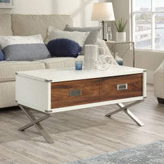 Key Lift Top Coffee Table Accented Manufactured Solid Wood with Metal Corner Brackets and Legs
