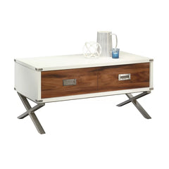 Key Lift Top Coffee Table Accented Manufactured Solid Wood with Metal Corner Brackets and Legs