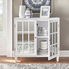 White Cynthia 34'' Tall Solid Wood 2 - Door Mirrored Accent Cabinet