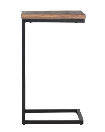 Wood and Metal C-Shaped Accent Table, Black Metal with Brown Wood - 26H x 15W x 15D