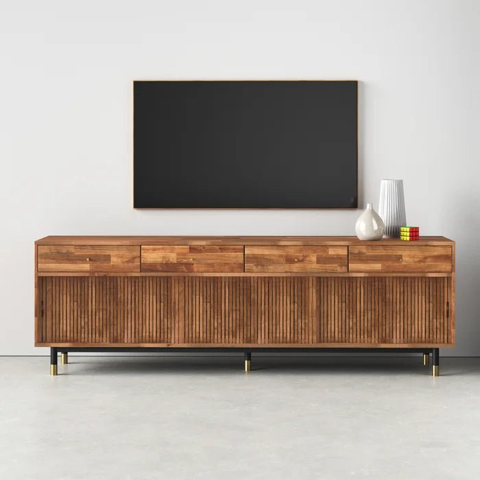 Dakota TV Stand for TVs up to 88" Gold knobs 3 Sliding Cabinets Indoor Design
