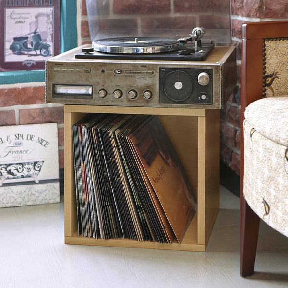 Vintage Vinyl Storage Blox Cube Turntable Stand Organizer Shelf - Fits 65-70 LP Records - Natural