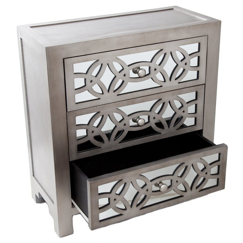 28'' Tall 3 - Drawer Mirrored Accent Chest Streamlined Rectangular Base and Mirrored Drawer