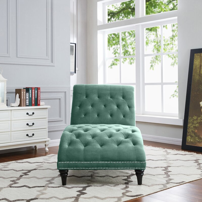 Dannely Tufted Armless Chaise Lounge Soft Turquoise Blue Velvet