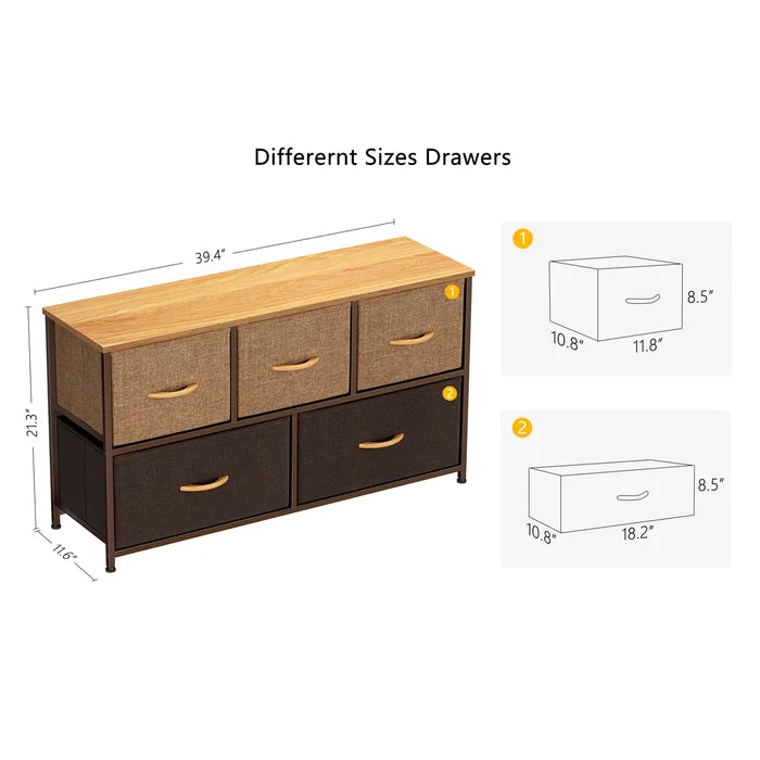 Danyluk 5 Drawer 39.4'' W Double Dresser 5 Foldable Storage Drawers