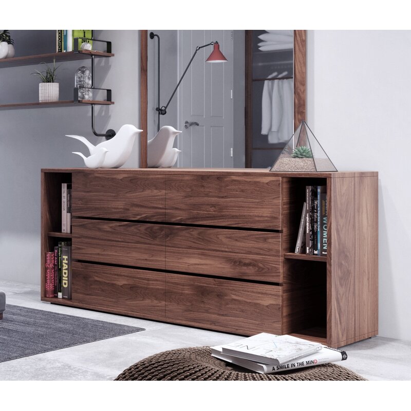 Walnut Dave 6 Drawer 63'' W Double Dresser Two Outside Edge Bookcases