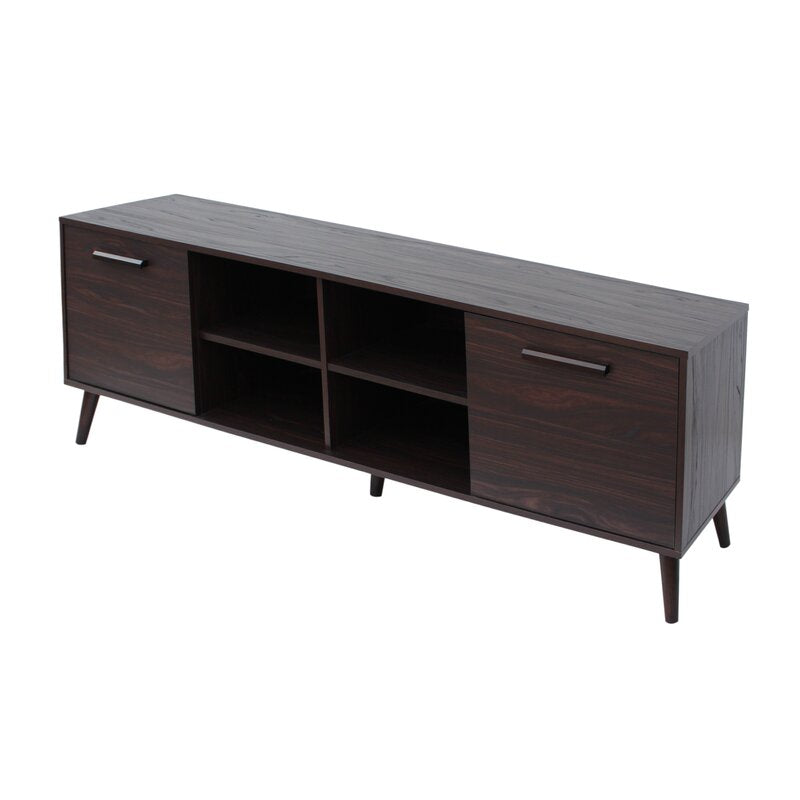 Dark Walnut TV Stand for TVs up to 78" Two Cabinets and Four Cubby Shelves to Hold Any Media Players