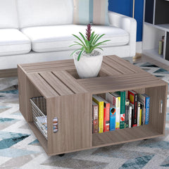 Weathered Wood Wheel Coffee Table with Storage Four Open Shelves Offer Plenty of Room for Books, Slippers, and Baskets