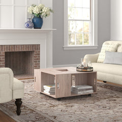 Weathered Wood Wheel Coffee Table with Storage Four Open Shelves Offer Plenty of Room for Books, Slippers, and Baskets