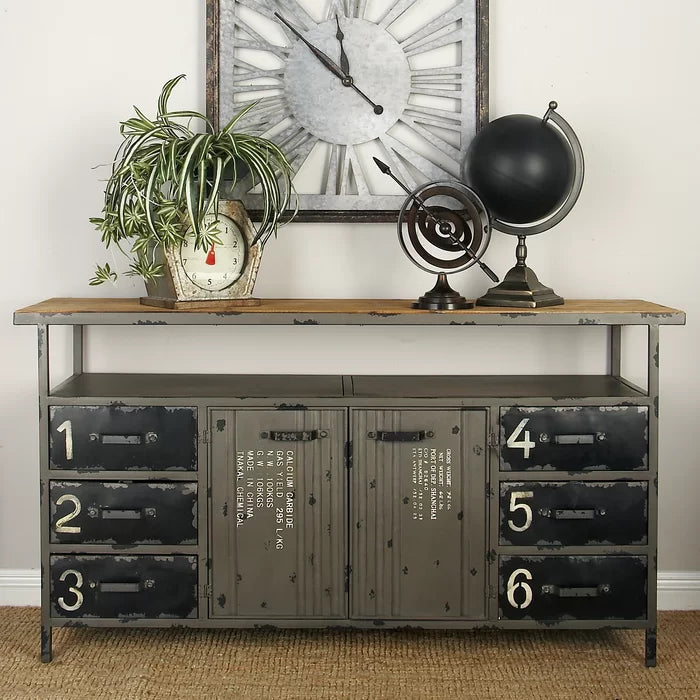 56'' Wide 6 Drawer Sideboard Sturdy Construction of Iron and Fir Wood