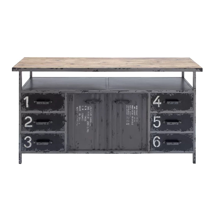 56'' Wide 6 Drawer Sideboard Sturdy Construction of Iron and Fir Wood