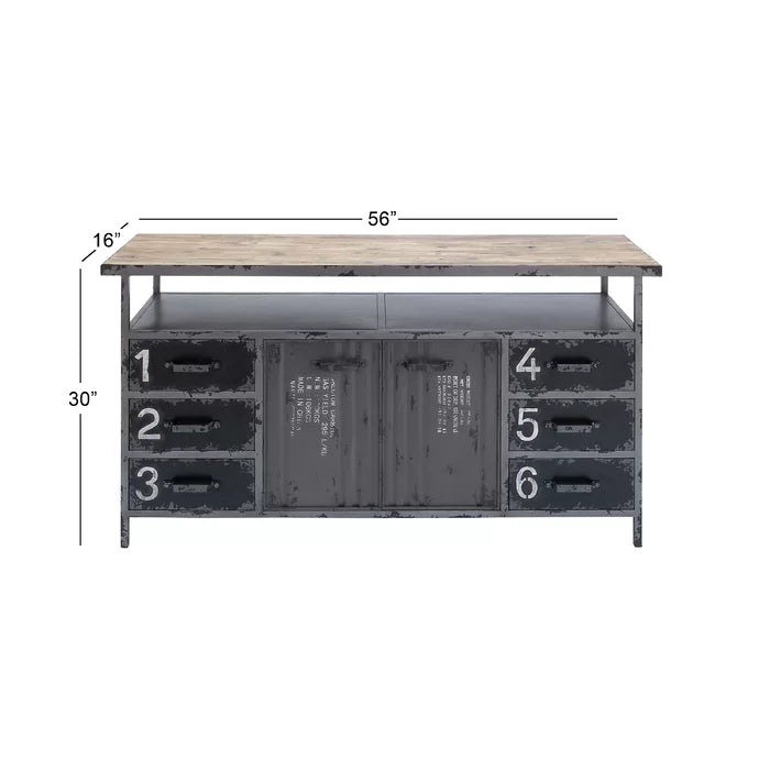 56'' Wide 6 Drawer Sideboard Sturdy Construction of Iron and Fir Wood