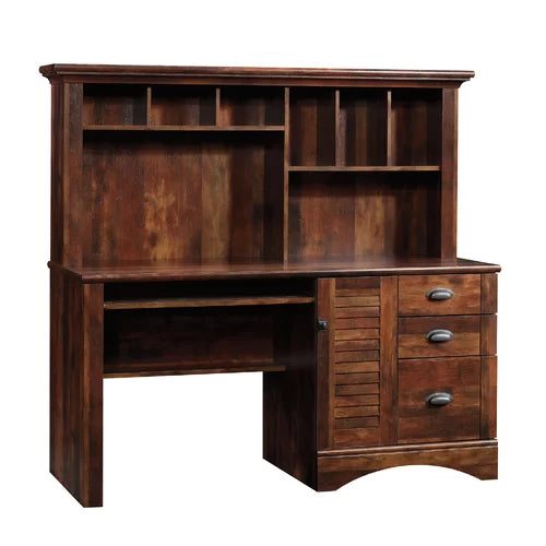 Curado Cherry Deniece Desk with Hutch Storage Area Behind a Louver Detailed