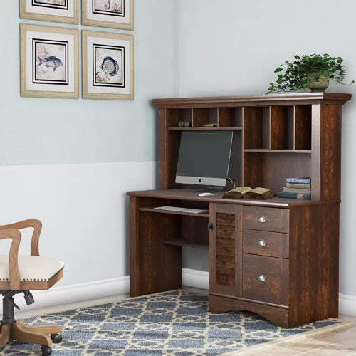 Curado Cherry Deniece Desk with Hutch Storage Area Behind a Louver Detailed