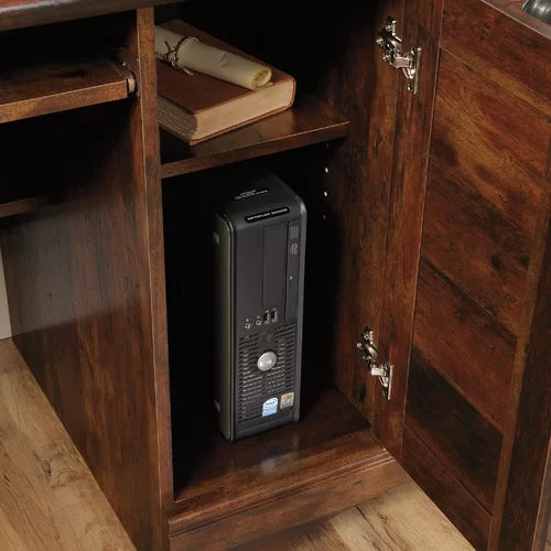 Curado Cherry Deniece Desk with Hutch Storage Area Behind a Louver Detailed