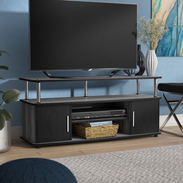 Weathered Gray/Black TV Stand for TVs up to 55" Storage Space Two Enclosed Cabinets and Three Open Shelves, Perfect for Stowing Media Consoles