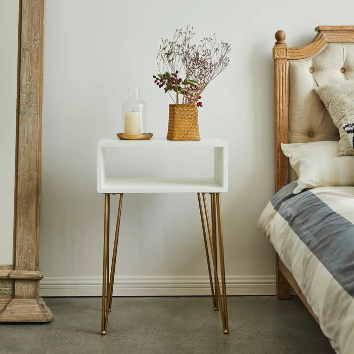 White/Gold Dietrick 29'' Tall Iron Nightstand Perfect for Bedside