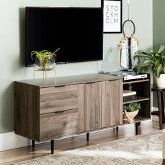 Slate Gray TV Stand for TVs up to 64" Multiple Cubbies on the Right Two Deep Drawers On the Left, and Two Doors that Open up to Additional Shelving