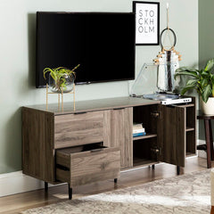 Slate Gray TV Stand for TVs up to 64" Multiple Cubbies on the Right Two Deep Drawers On the Left, and Two Doors that Open up to Additional Shelving