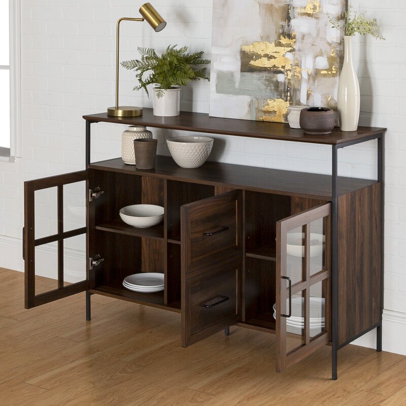 Dark Walnut 48'' Wide Buffet Table 3 Doors with Soft Close Hinges, Adjustable Shelves Perfect for Organize